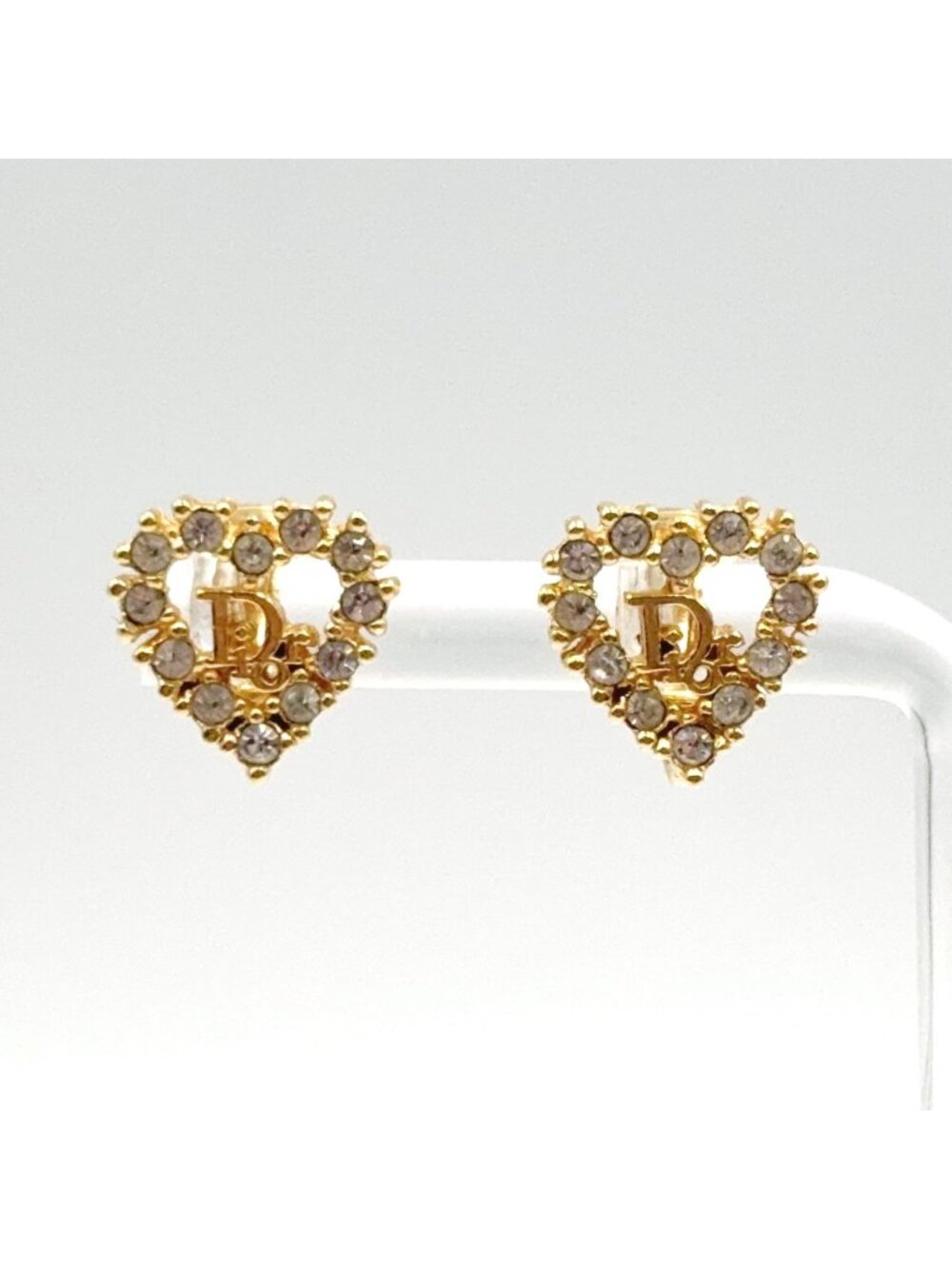 Dior CD Logo Heart Motif Rhinestone Clear Gold Earrings